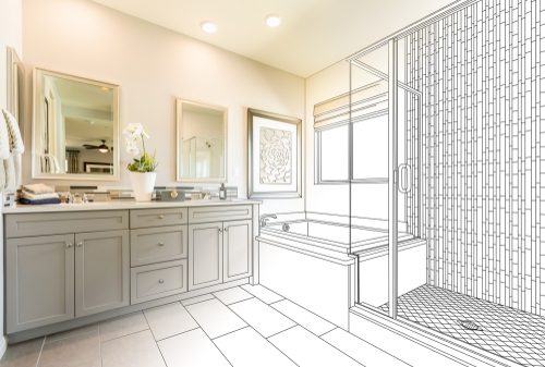 Custom,master,bathroom,design,drawing,gradating,to,finished,photo.